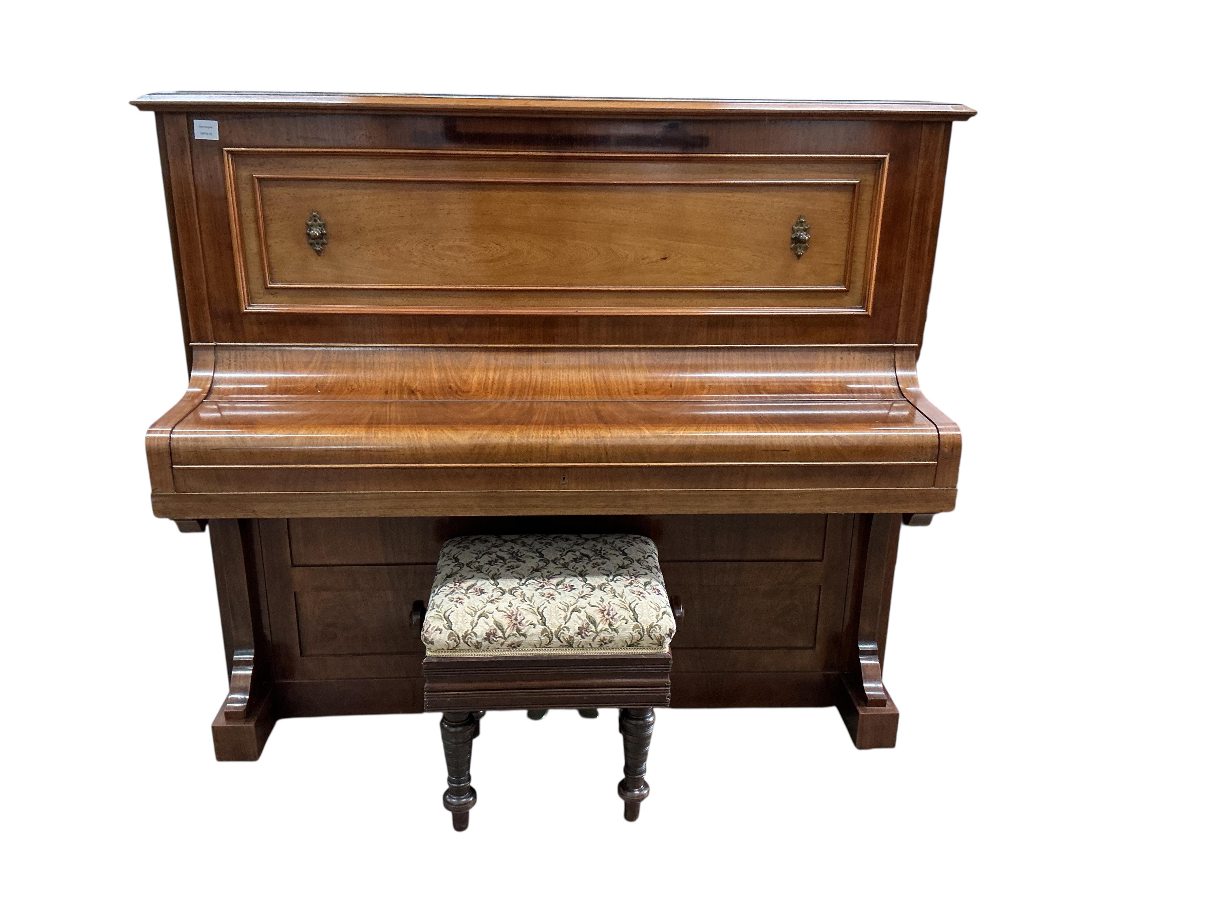 An early 20th century Bechstein mahogany upright piano, width 157cm, depth 60cm, height 129cm CITES Submission reference MD5BYGPG